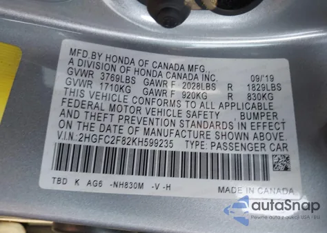 2019 Honda Civic Sport z USA, uszkodzony, nr VIN 2HGFC2F82KH599235